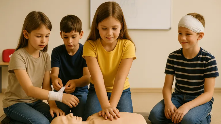 Kinder bei der ersten Hilfe - Bildnachweis: KI-generiertes Bild