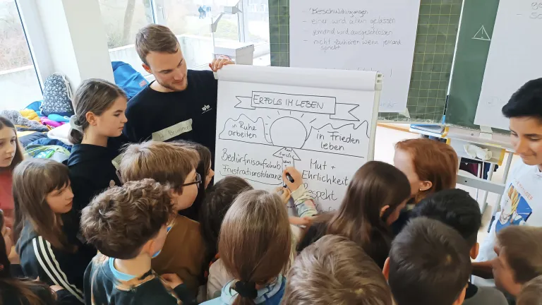 SchlerInnen verewigen sich auf dem Klassenplakat