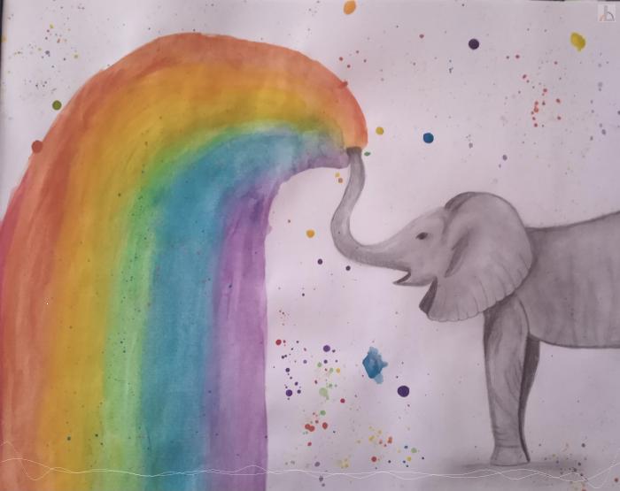 Elefant sprht Regenbogen